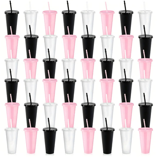 48-Pack Reusable Plastic Sports Cups - Pink, Black, and Clear Pastel Colors - Portable Coffee and Party Cups, Camping Water Bottles, Easy-to-Clean DIY Drink Cups for Weddings, Birthdays, Anniversaries, Picnics, and Easter (24