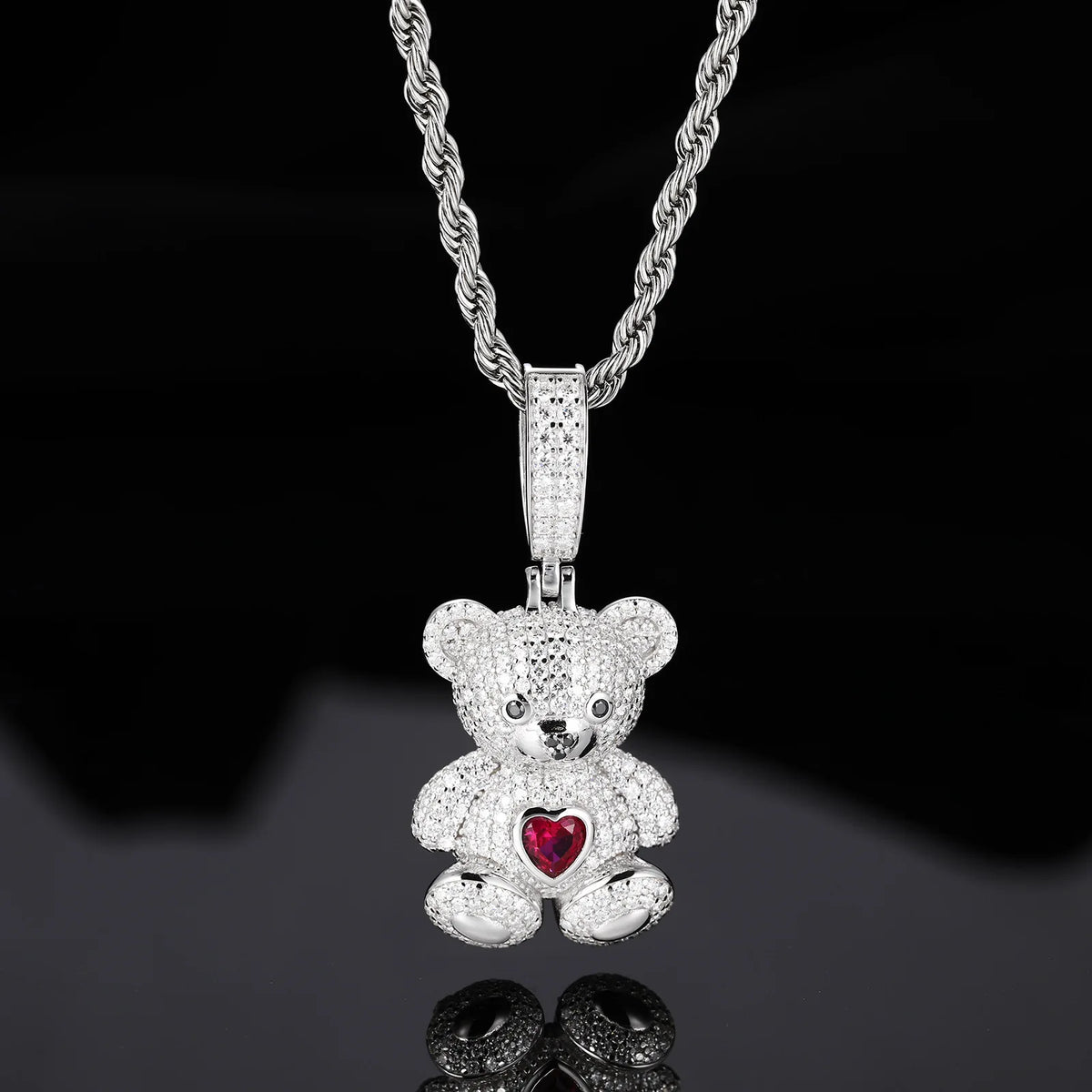 925 Sterling Silver Iced Out Moissanite Teddy Bear Pendant Necklace, Inlaid Red Heart Gem 3D Bear Hip Hop Charm for Men Women, Full Paved Sparkling Street Rap Jewelry, Romantic Gift for Anniversary Birthday Party Daily Wear