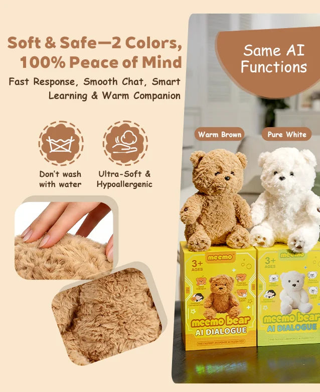 MEEMO Bear AI Plush Toy for Kids Ages 3+, Interactive Talking Teddy Bear Companion, Parent-App Controlled, 12 Languages, No Subscription, Birthday Gift for Boys Girls