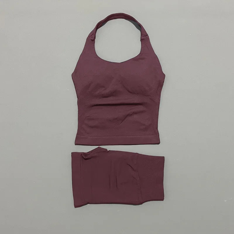 2 Piece Yoga Set Women Backless Halter Top High Waist Seamless Shorts Gym Suit Fitness Sportswear Workout Sets