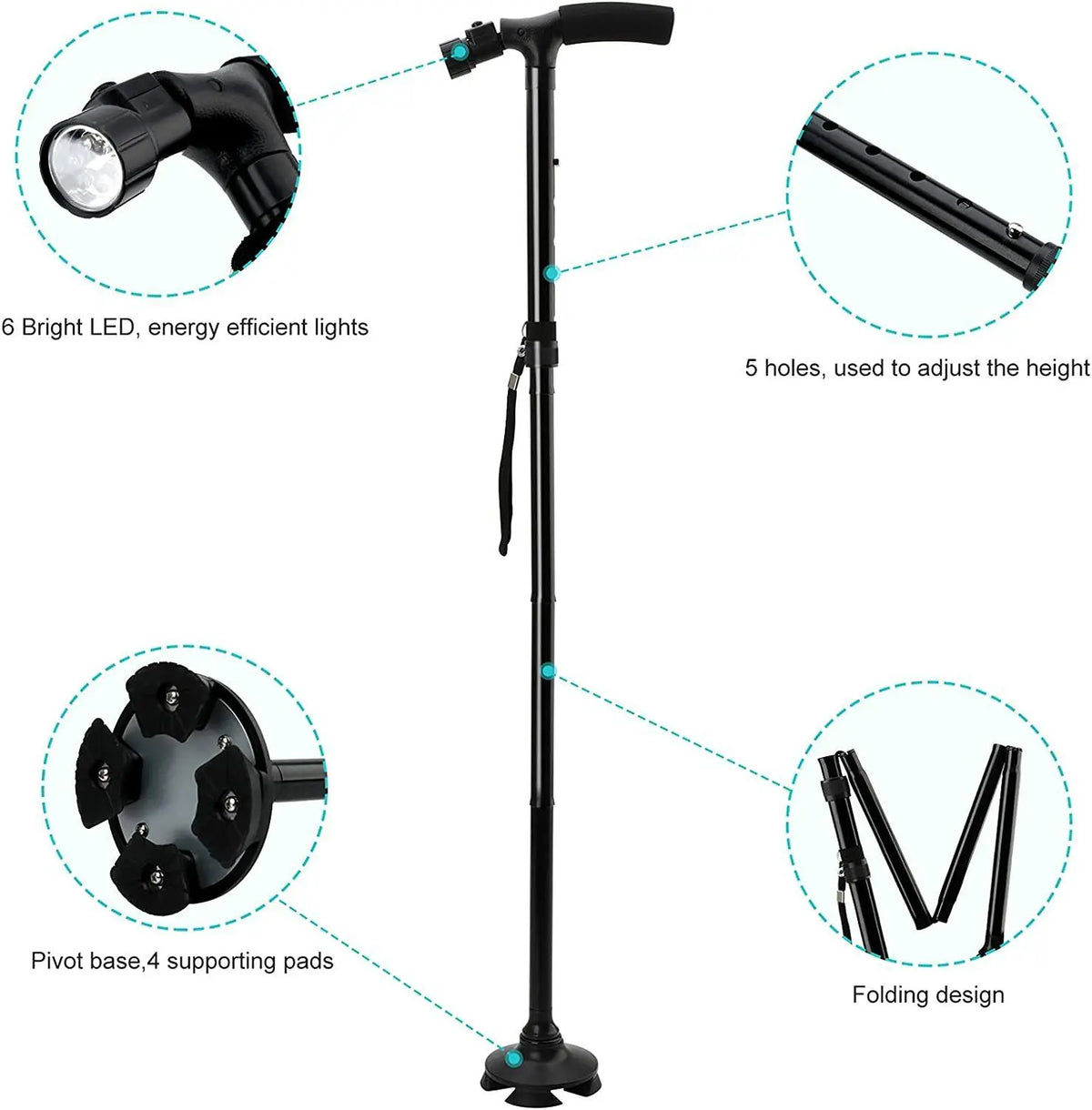 (2 Pack)5-Levels Adjustable Height Walking Stick Portable Foldable Cane Travel Camping Hiking Walking Cane W/LED Hot