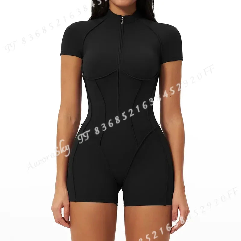 2026 Women Yoga Bodysuit Short Sleeve Zipper Jumpsuit Gym Tracksuit Sports Workout Romper Fitness One Piece Activewear Suit