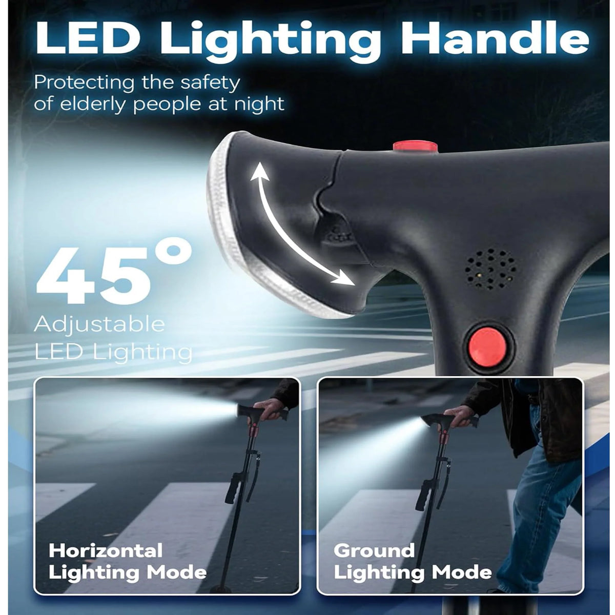 Adjustable Foldable Walking Cane with LED Light & Alarm, Lightweight All Terrain Walking Stick with Side Handle, Smart Stable Mobility Aid Cane for Seniors Adults, Non-Slip Base for Indoor Outdoor Travel Daily Use
