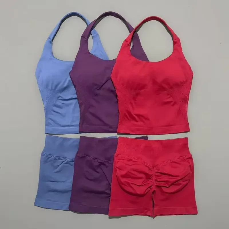 2 Piece Yoga Set Women Backless Halter Top High Waist Seamless Shorts Gym Suit Fitness Sportswear Workout Sets