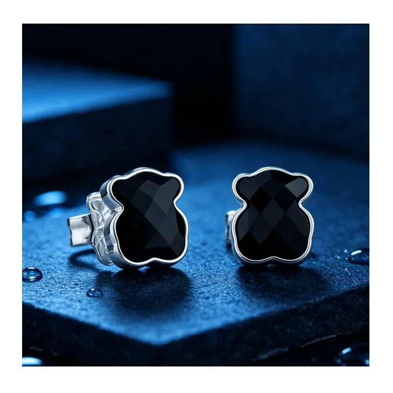 Black Bear Crystal Stud Earrings Silver Plated Cute Animal Earrings for Women Daily Jewelry