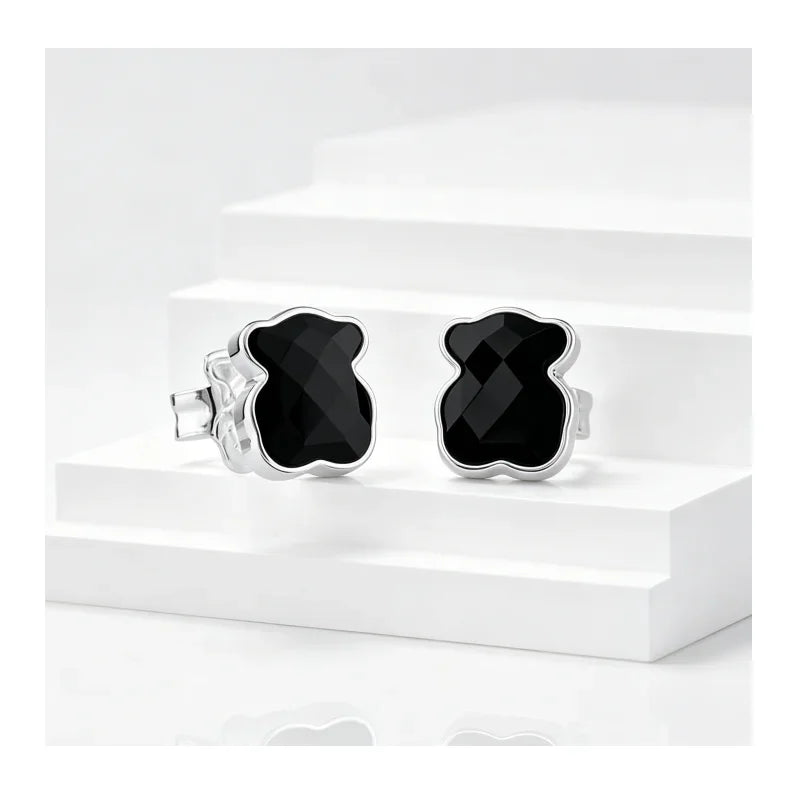 Black Bear Crystal Stud Earrings Silver Plated Cute Animal Earrings for Women Daily Jewelry