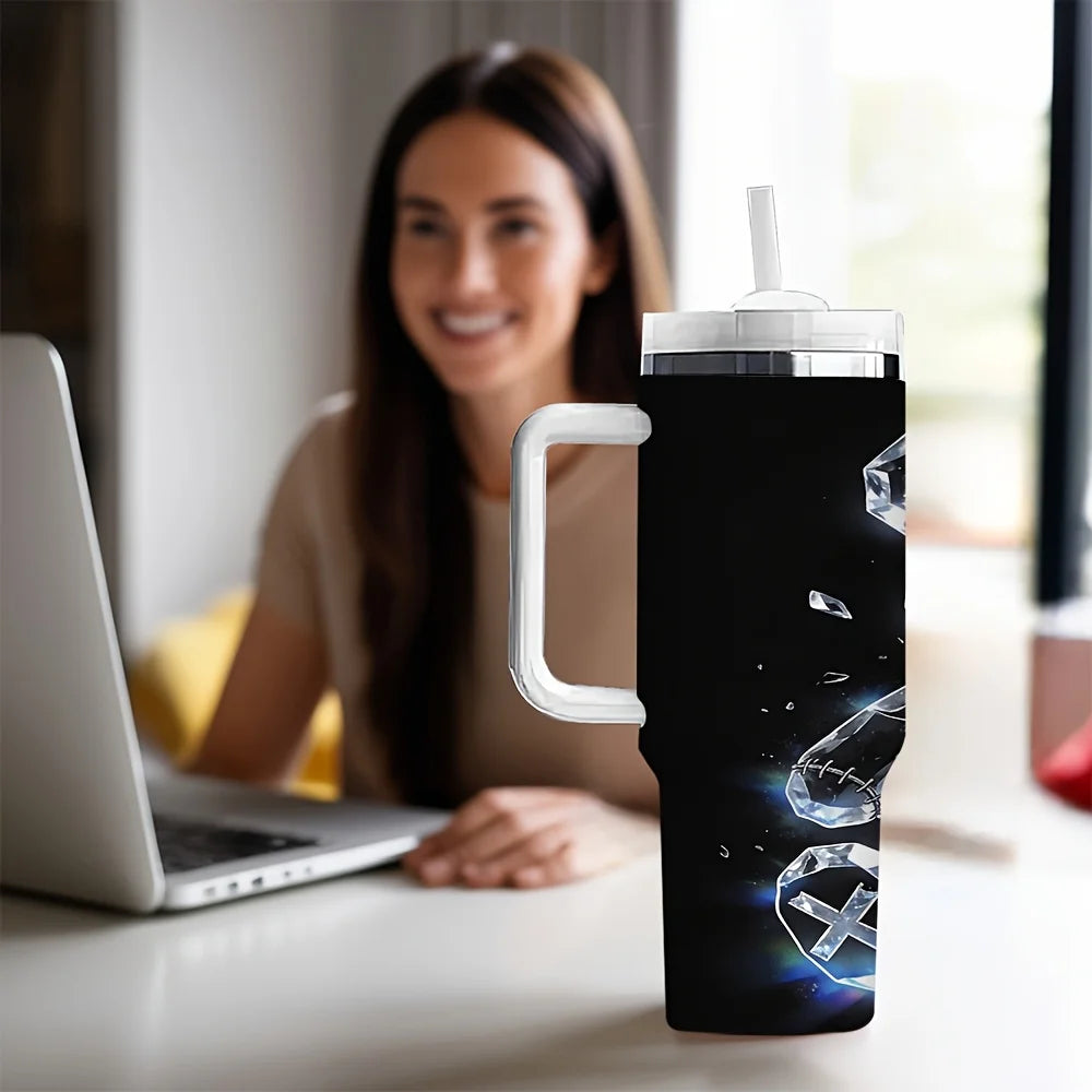 Stylish Broken Crystal Patch Teddy Bear Print Insulated Tumbler with Straw And Handle for Daily Outdoor Travel Use