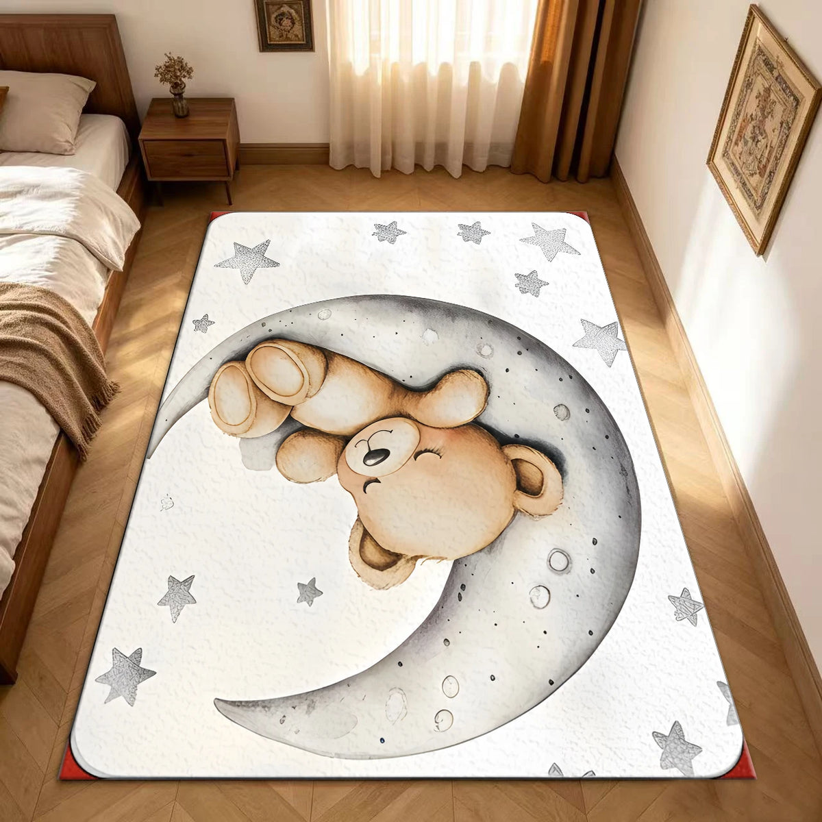 Cute Sleeping Bear Moon Star Print Carpet Baby Room Floor Mat Children's Carpet
