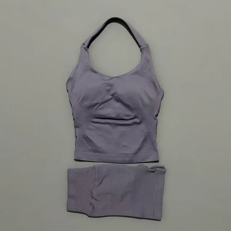 2 Piece Yoga Set Women Backless Halter Top High Waist Seamless Shorts Gym Suit Fitness Sportswear Workout Sets
