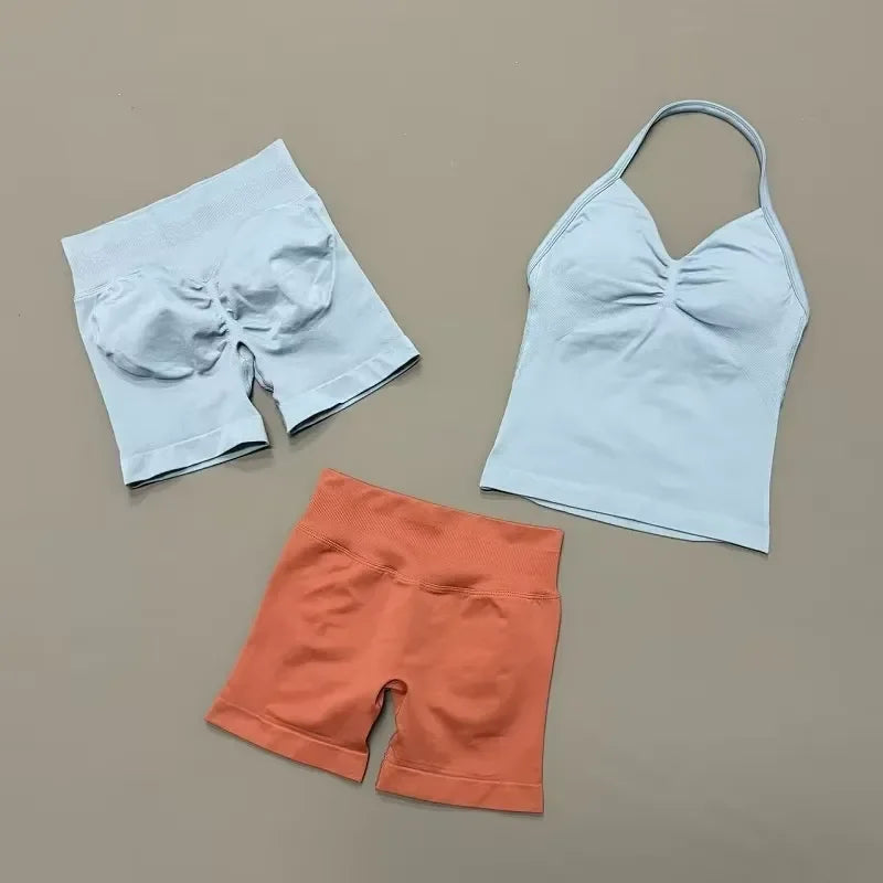2 Piece Women Sports Set Backless Halter Tank Top High Waist Seamless Stretch Shorts Gym Fitness Workout Outfit