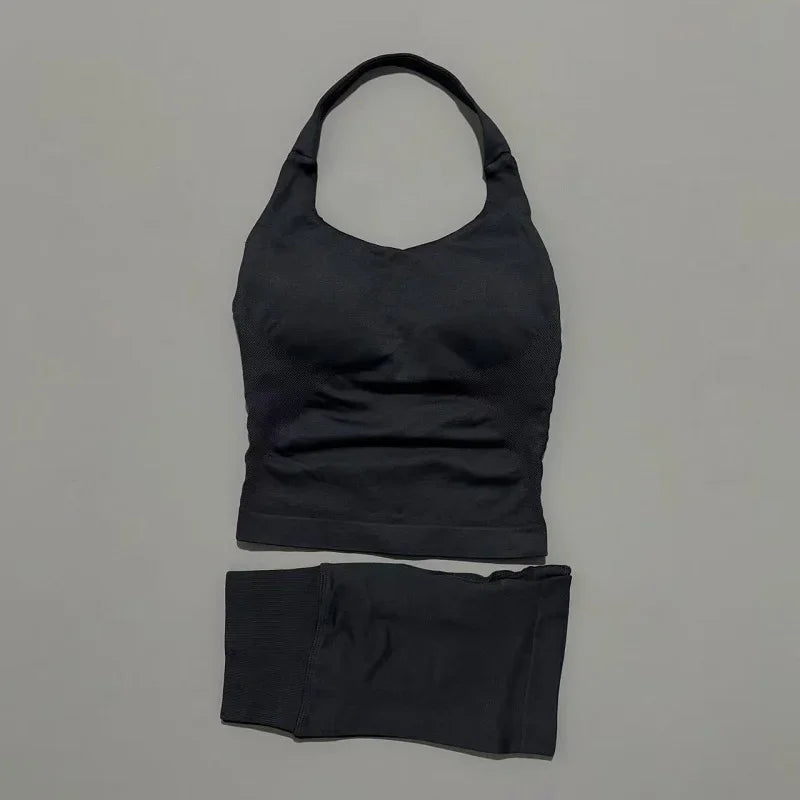 2 Piece Yoga Set Women Backless Halter Top High Waist Seamless Shorts Gym Suit Fitness Sportswear Workout Sets