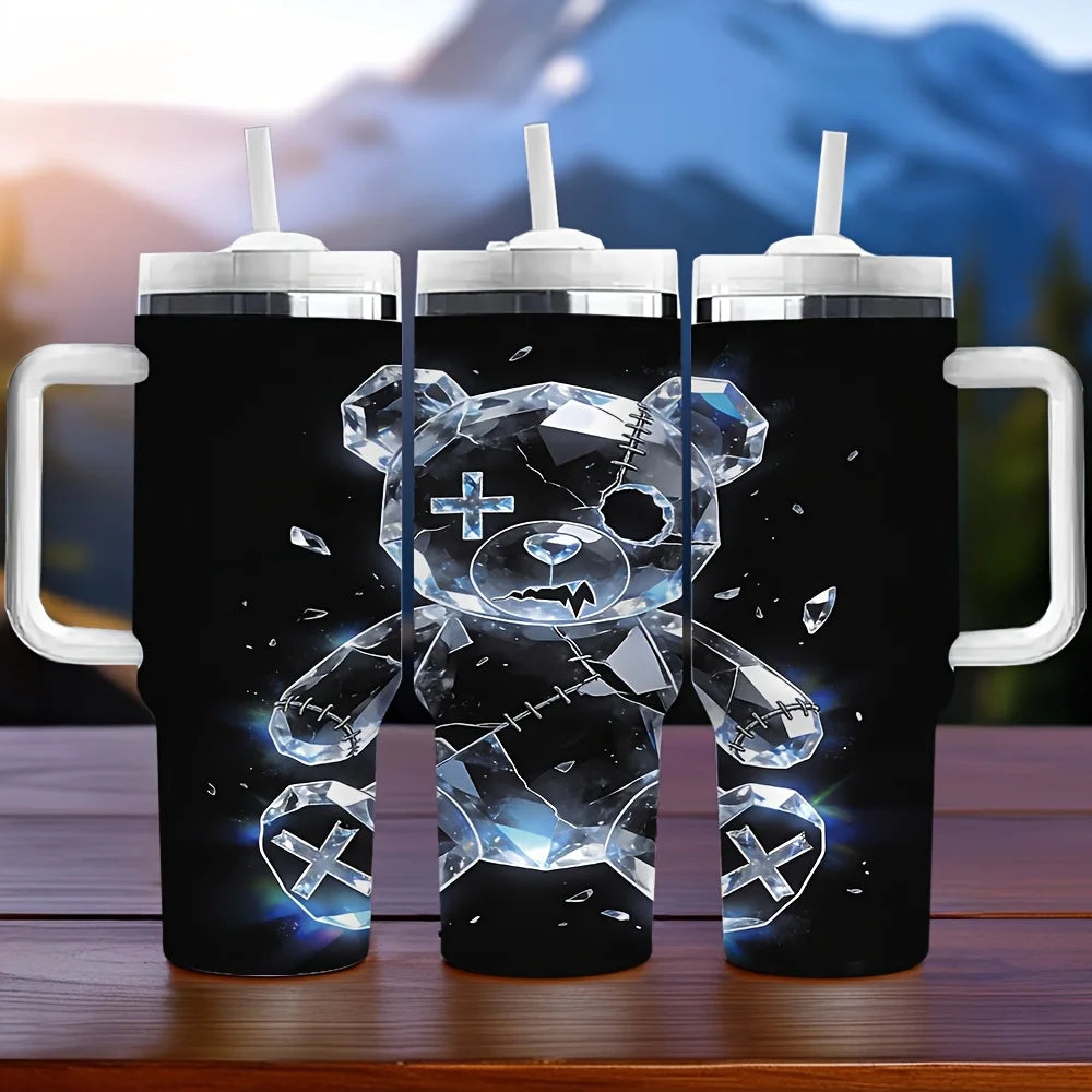 Stylish Broken Crystal Patch Teddy Bear Print Insulated Tumbler with Straw And Handle for Daily Outdoor Travel Use