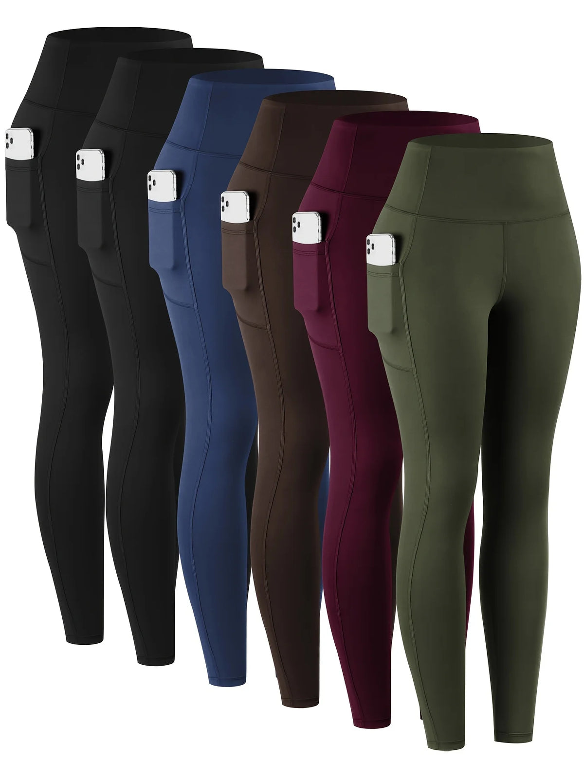 6Pcs Women High‑Waist Leggings With Pockets Soft Stretchy Workout Yoga Pants Tummy‑Control Athletic Running Gym Tights Casual Activewear For Ladies Daily Fitness