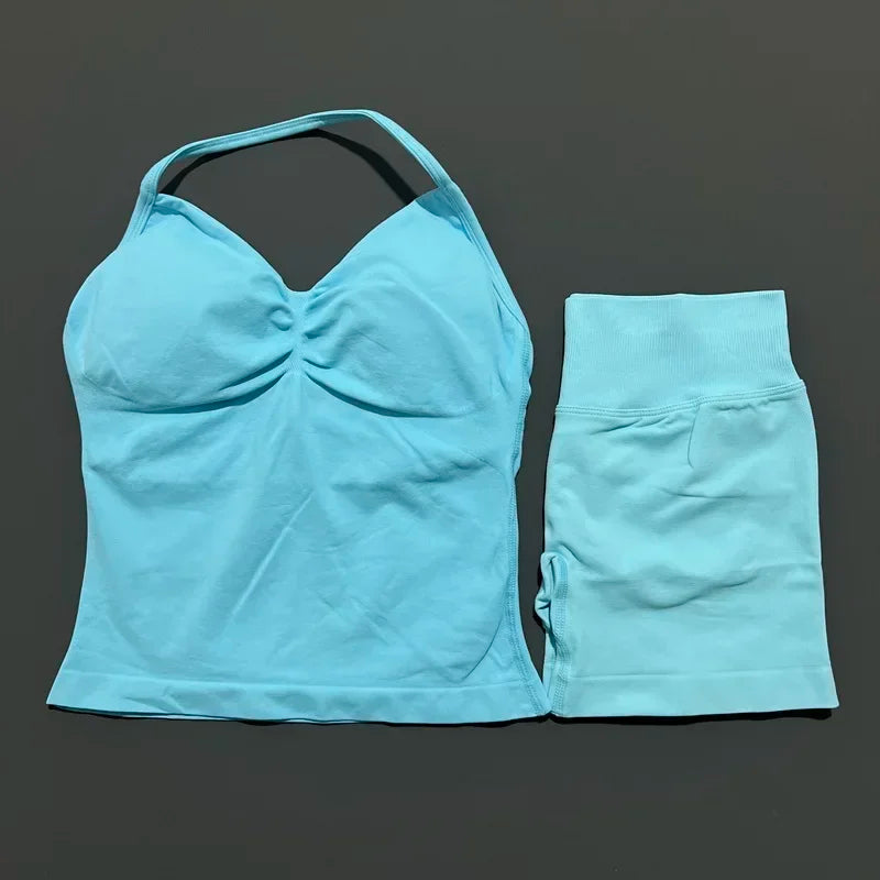 2 Piece Women Sports Set Backless Halter Tank Top High Waist Seamless Stretch Shorts Gym Fitness Workout Outfit