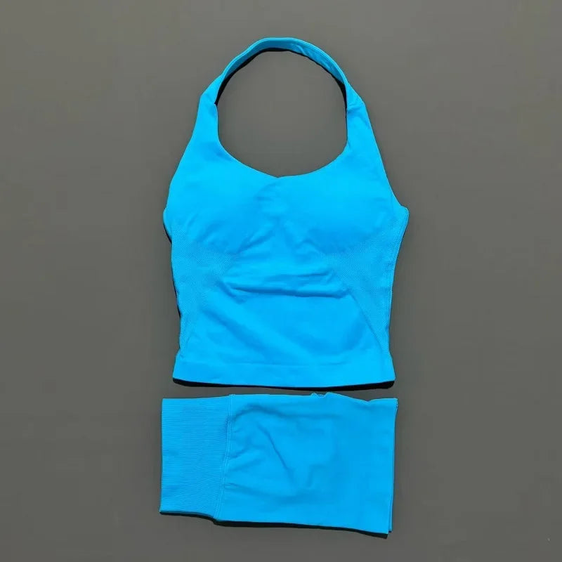 2 Piece Yoga Set Women Backless Halter Top High Waist Seamless Shorts Gym Suit Fitness Sportswear Workout Sets