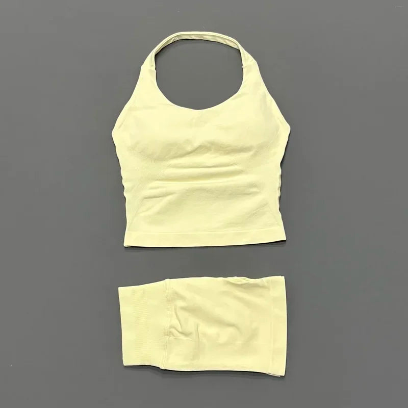 2 Piece Yoga Set Women Backless Halter Top High Waist Seamless Shorts Gym Suit Fitness Sportswear Workout Sets