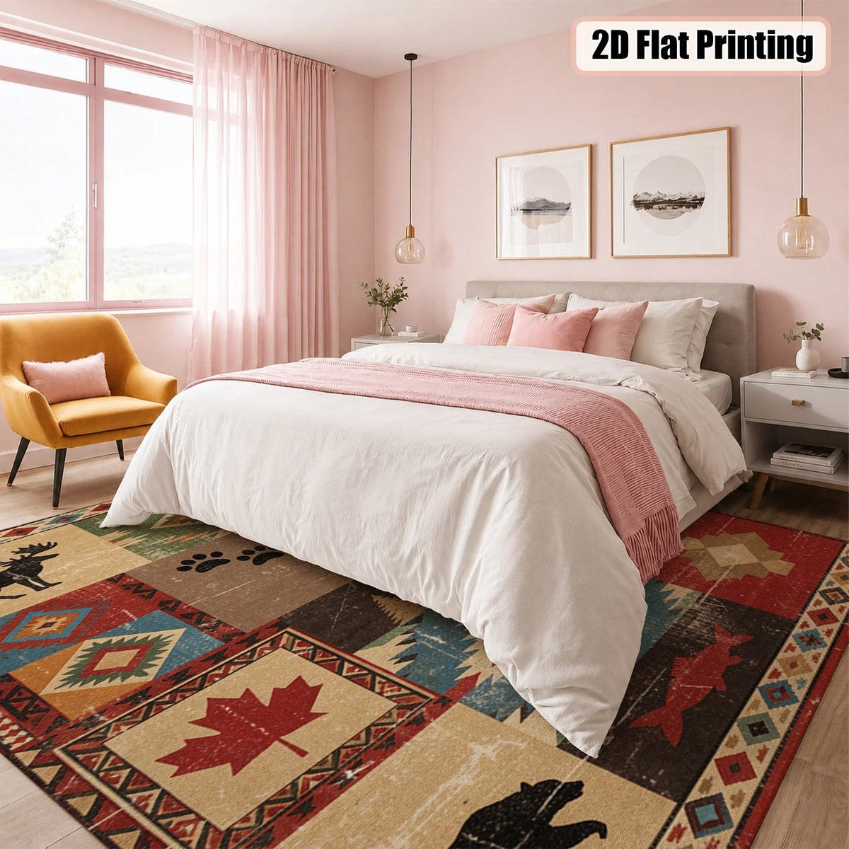 Rustic Wildlife Patchwork Area Rug with Bear Moose Maple Leaf Tribal Geometric Prints, Velvet, Machine Washable, Suitable for Living Room, Bedroom, Entryway, Cabin, Ideal for Halloween, Thanksgiving, Christmas, New Year, Blac