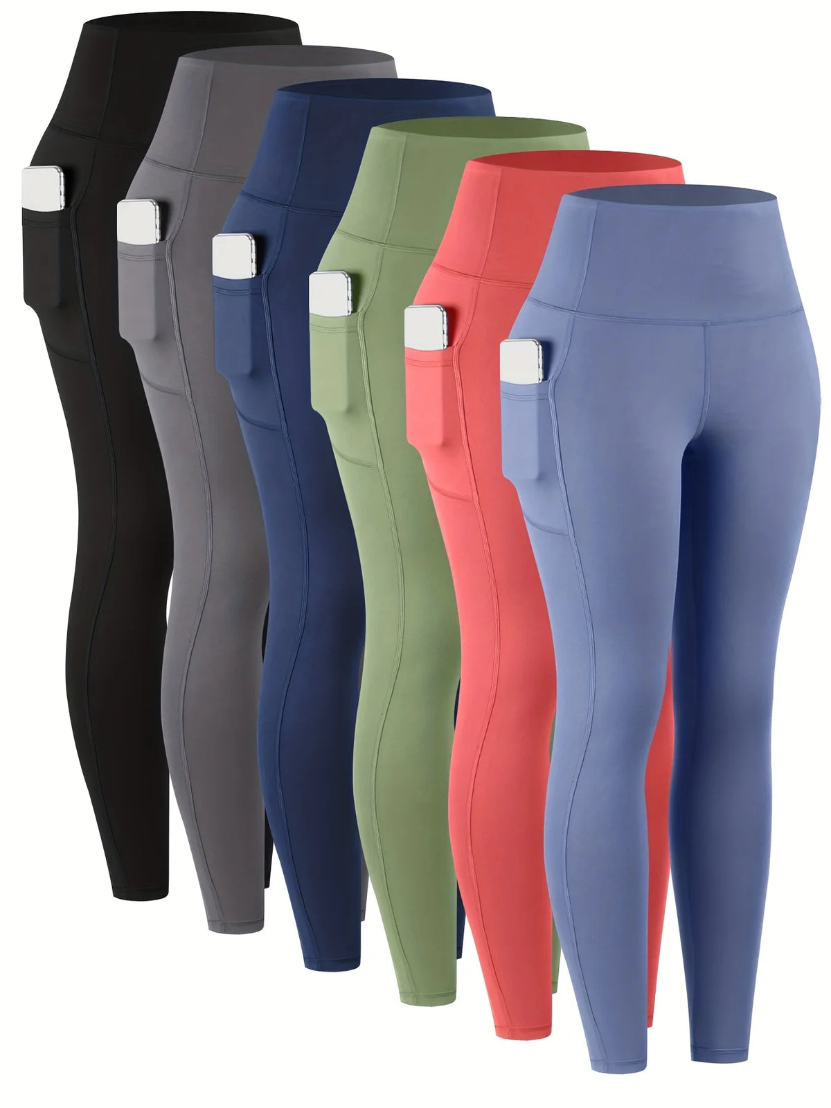 6Pcs Women High‑Waist Leggings With Pockets Soft Stretchy Workout Yoga Pants Tummy‑Control Athletic Running Gym Tights Casual Activewear For Ladies Daily Fitness