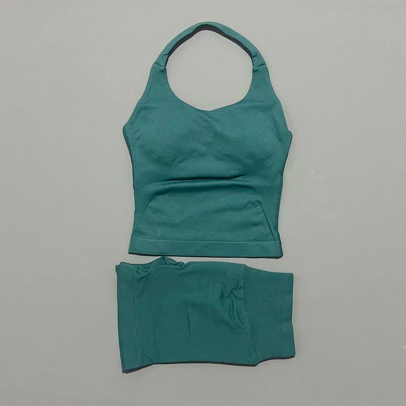 2 Piece Yoga Set Women Backless Halter Top High Waist Seamless Shorts Gym Suit Fitness Sportswear Workout Sets