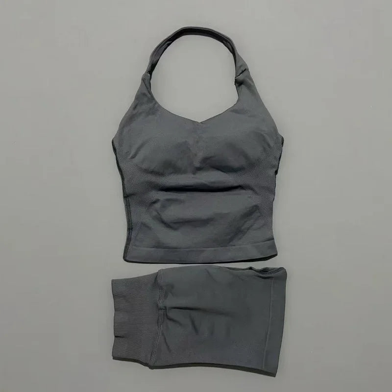 2 Piece Yoga Set Women Backless Halter Top High Waist Seamless Shorts Gym Suit Fitness Sportswear Workout Sets