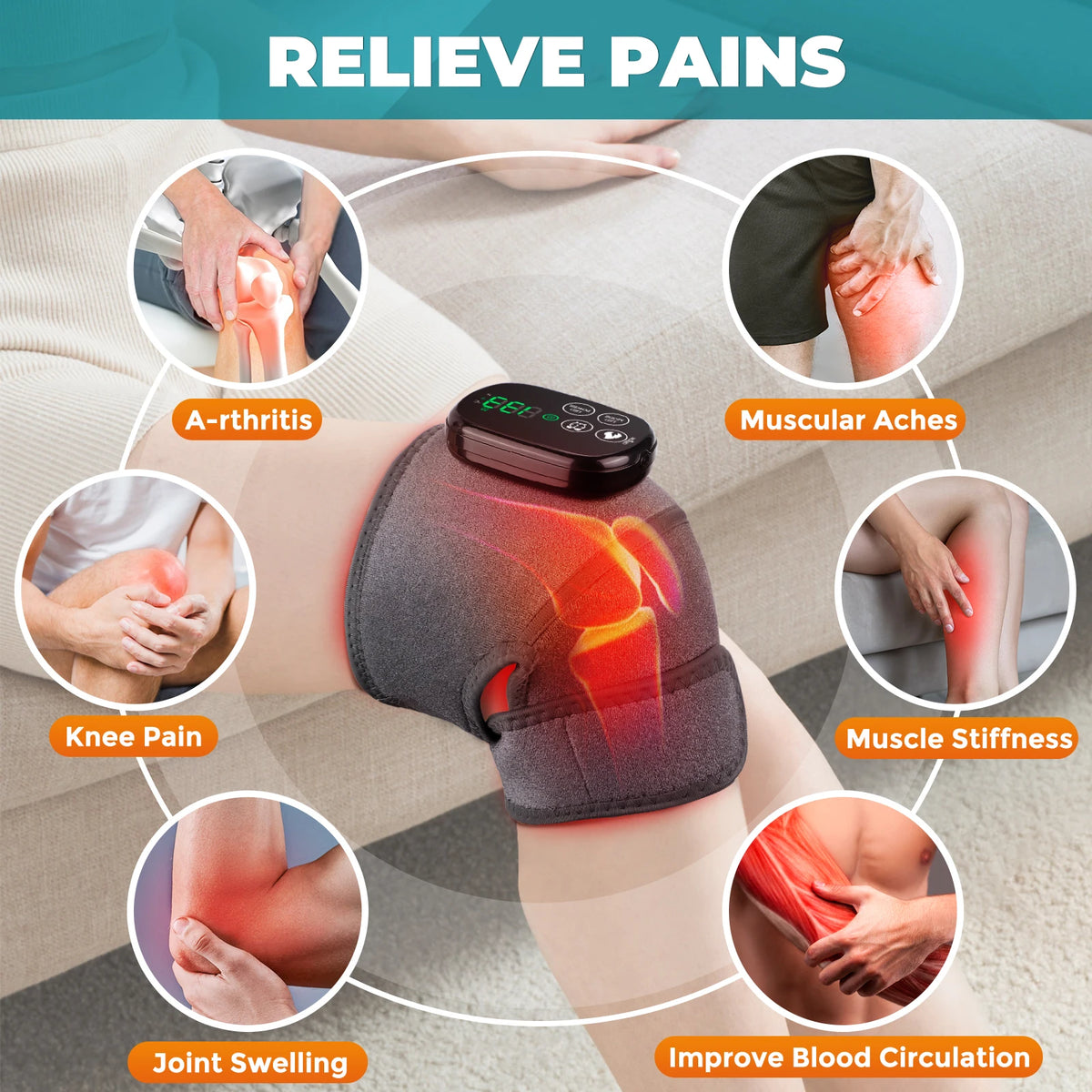 3-in-1 Heated Knee Wrap with 650nm&850nm Red Light, Cordless 5000mAh Knee Massager for Shoulder Elbow, Leg Joint Brace Muscle Relax