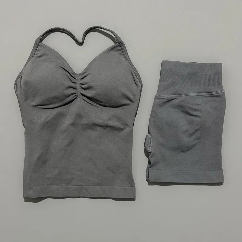 2 Piece Women Sports Set Backless Halter Tank Top High Waist Seamless Stretch Shorts Gym Fitness Workout Outfit