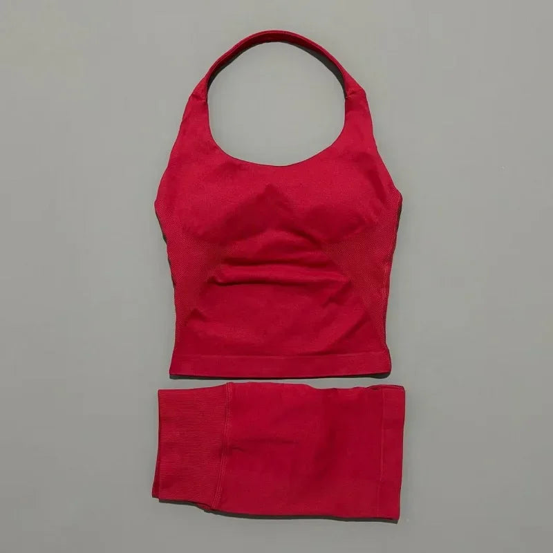 2 Piece Yoga Set Women Backless Halter Top High Waist Seamless Shorts Gym Suit Fitness Sportswear Workout Sets