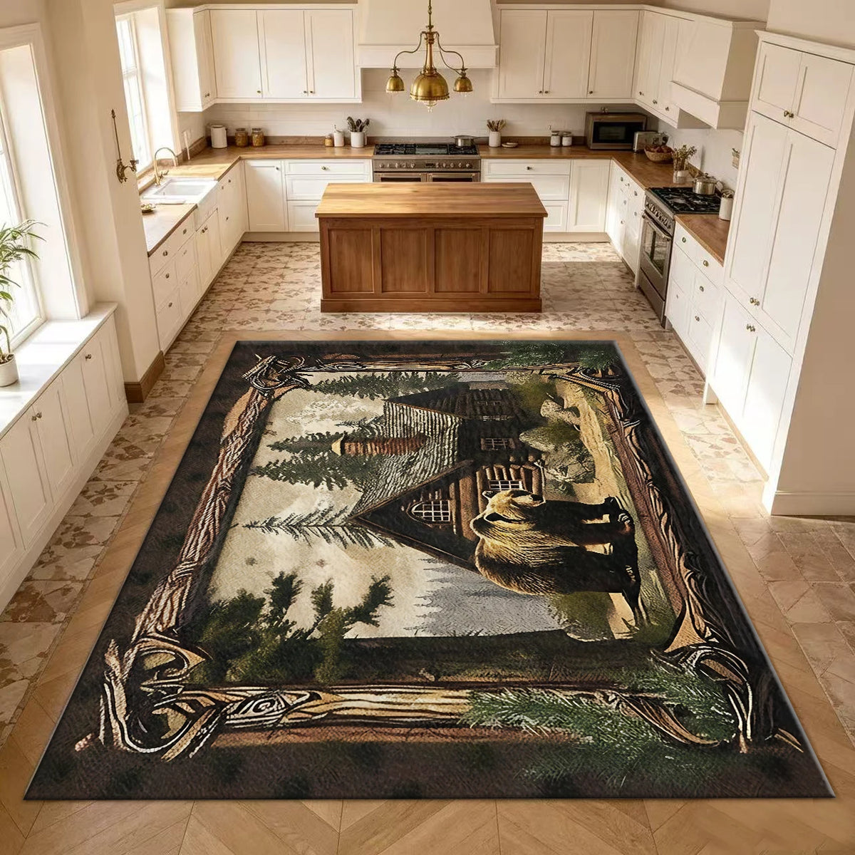Rustic Style Cabin Bear Forest Print Carpet Mountain Wildlife Rug Home Carpet