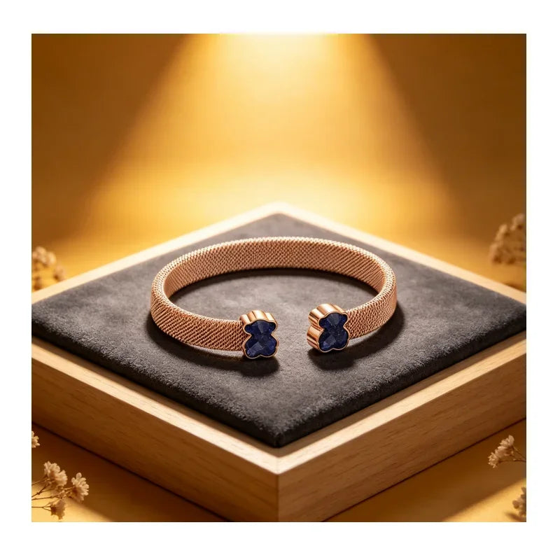 Rose Gold Mesh Cuff Bracelet with Blue Bear Stone Charms, Elegant Jewelry for Women