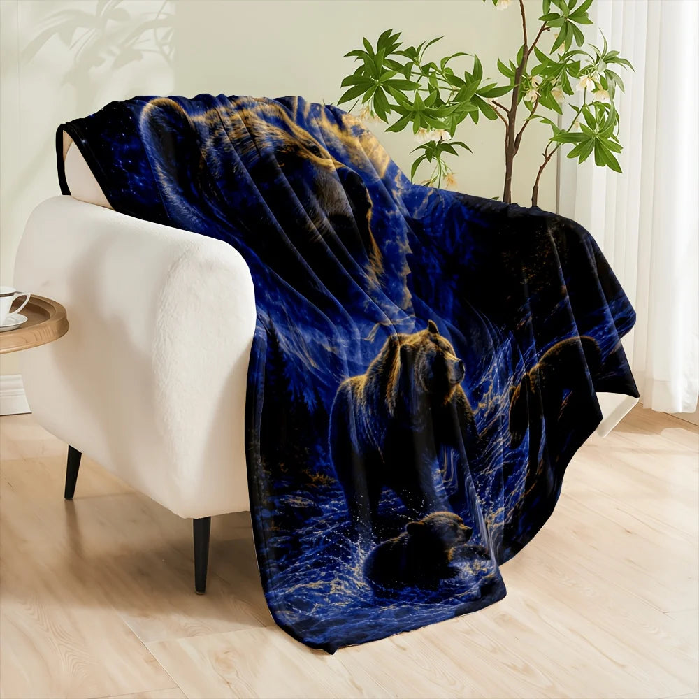 1pc Blue Moon Bear Family Flannel Blanket - Heavyweight 280GSM Ultra Soft Warm Suitable for - Bedspread, Cozy Winter Throw for Bed, Sofa, Dorm & Car, Machine Washable Bedding Gift for &, Adorable Bear Print