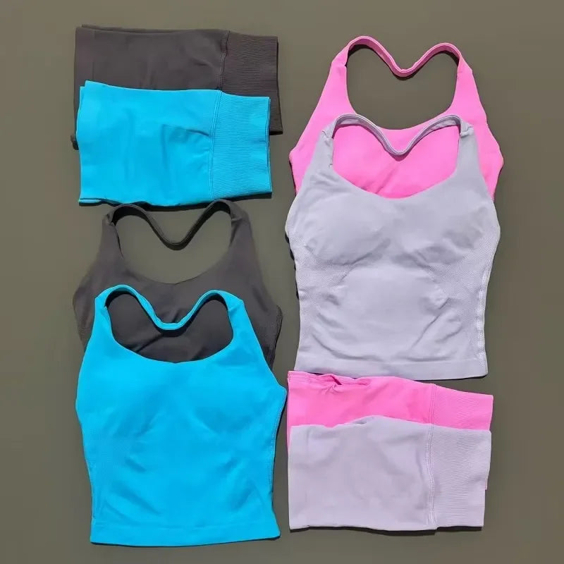 2 Piece Yoga Set Women Backless Halter Top High Waist Seamless Shorts Gym Suit Fitness Sportswear Workout Sets