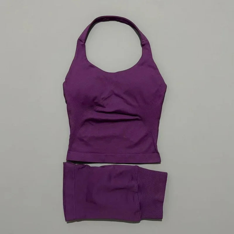 2 Piece Yoga Set Women Backless Halter Top High Waist Seamless Shorts Gym Suit Fitness Sportswear Workout Sets