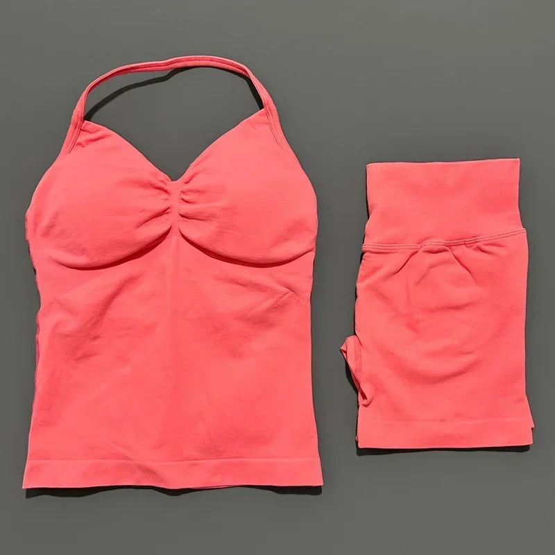 2 Piece Women Sports Set Backless Halter Tank Top High Waist Seamless Stretch Shorts Gym Fitness Workout Outfit