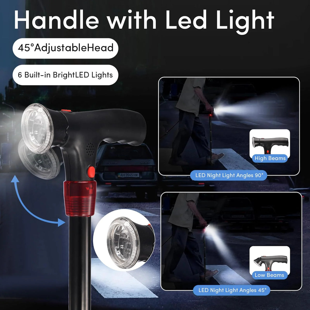 Adjustable Foldable Walking Cane with LED Light & Alarm, Lightweight All Terrain Walking Stick with Side Handle, Smart Stable Mobility Aid Cane for Seniors Adults, Non-Slip Base for Indoor Outdoor Travel Daily Use