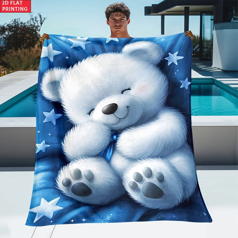 One Teddy Bear Design on a Blue Backdrop Blanket - a Lightweight Flannel Throw Suitable for The Sofa, Outdoor Use, Camping, Living Room, Office, Chair, And Bed - Features Digital Printing for a Soft And Cozy Feel, Perfect for