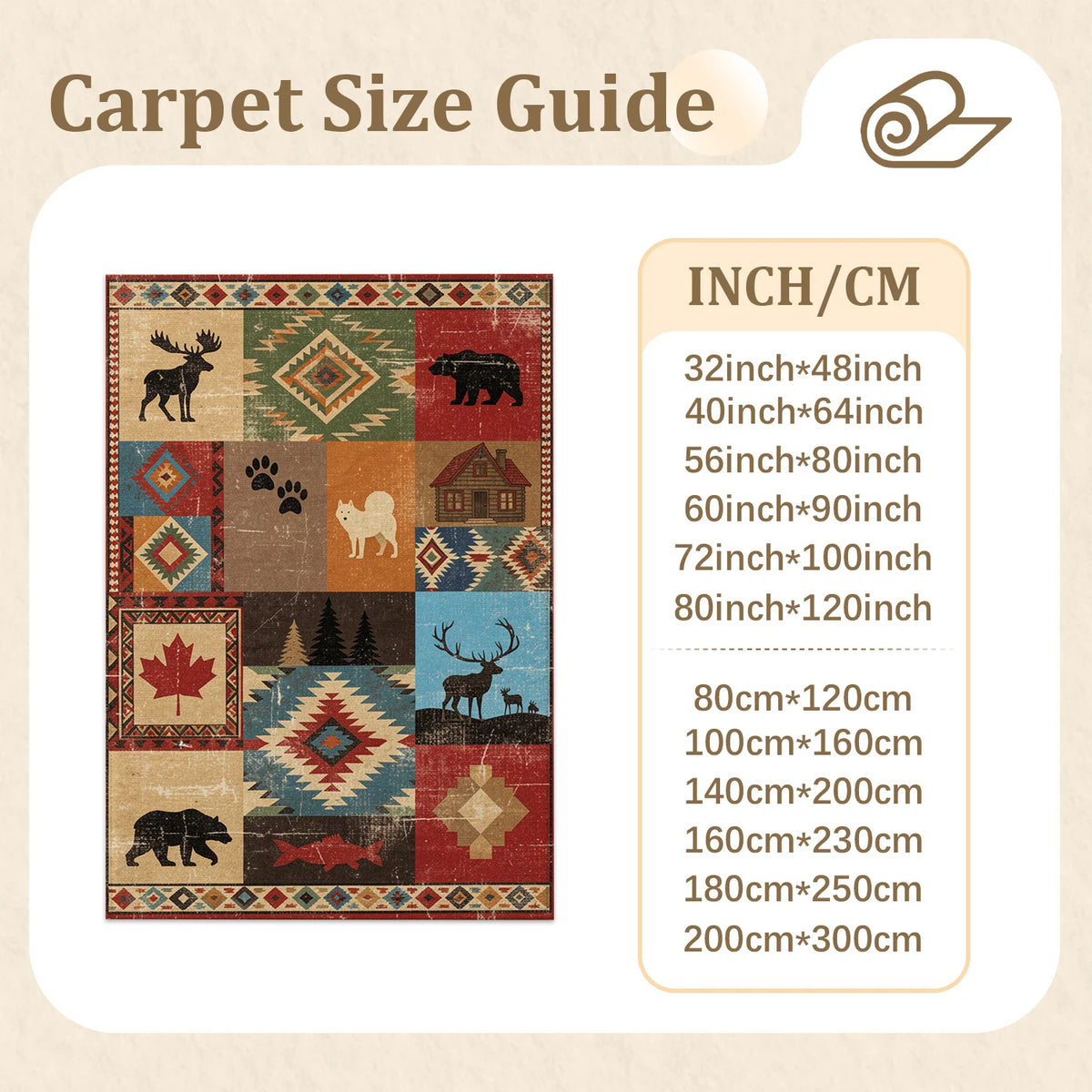 Rustic Wildlife Patchwork Area Rug with Bear Moose Maple Leaf Tribal Geometric Prints, Velvet, Machine Washable, Suitable for Living Room, Bedroom, Entryway, Cabin, Ideal for Halloween, Thanksgiving, Christmas, New Year, Blac