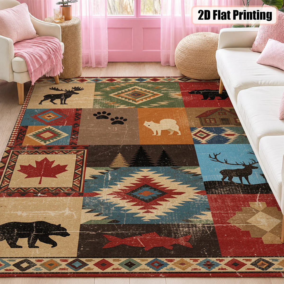Rustic Wildlife Patchwork Area Rug with Bear Moose Maple Leaf Tribal Geometric Prints, Velvet, Machine Washable, Suitable for Living Room, Bedroom, Entryway, Cabin, Ideal for Halloween, Thanksgiving, Christmas, New Year, Blac
