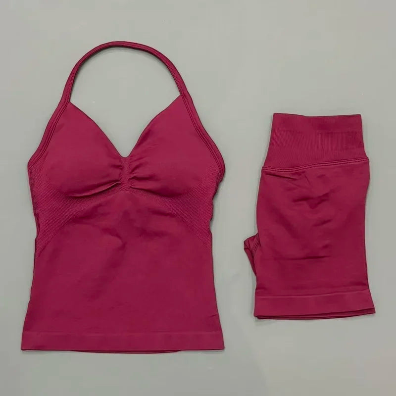 2 Piece Women Sports Set Backless Halter Tank Top High Waist Seamless Stretch Shorts Gym Fitness Workout Outfit