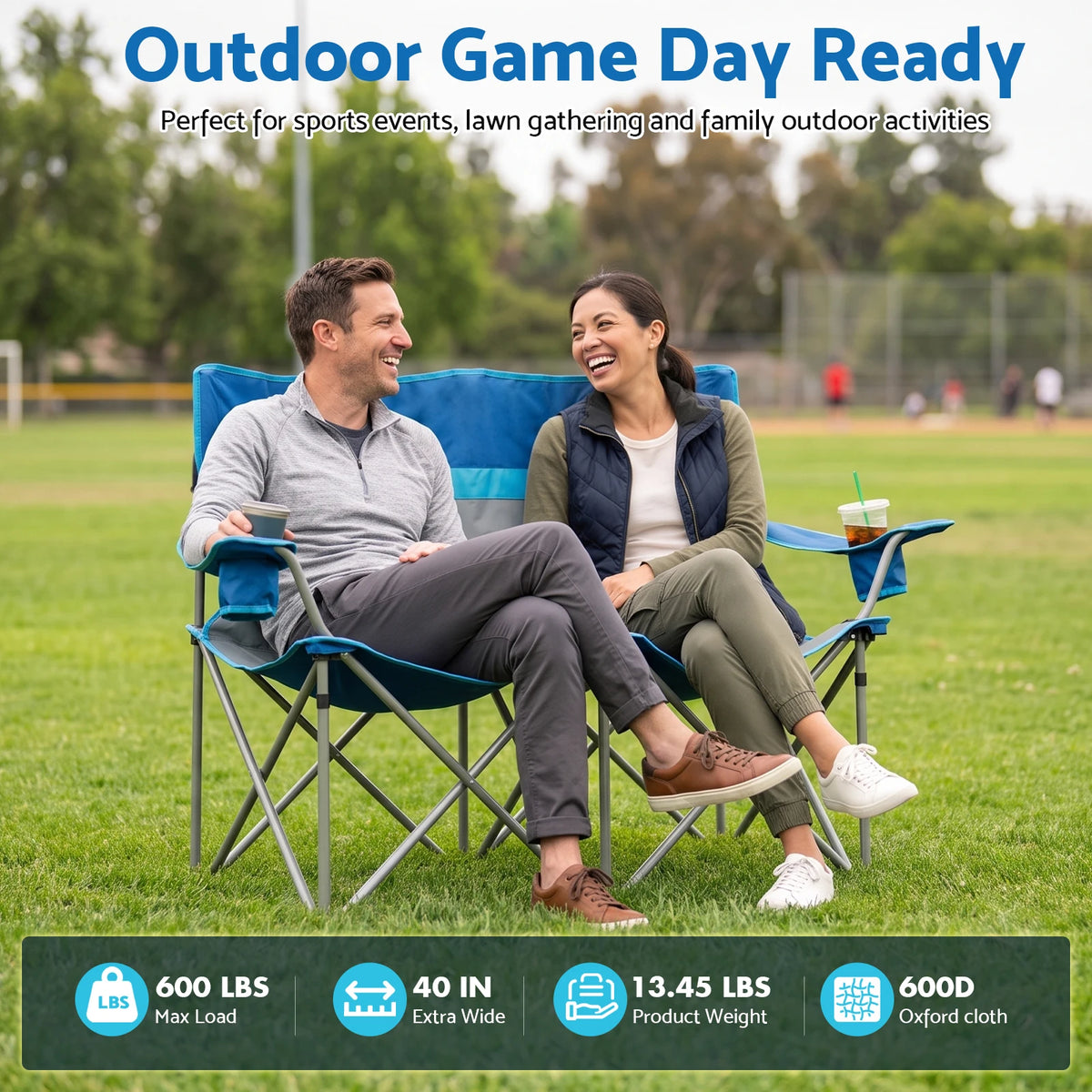 Double Folding Camping Chair Portable Outdoor Oxford Fabric 600D 2-Person Lounge Chair for Camping Fishing Beach Supports 660 lbs with Cup Holders Backrest Storage Pouch