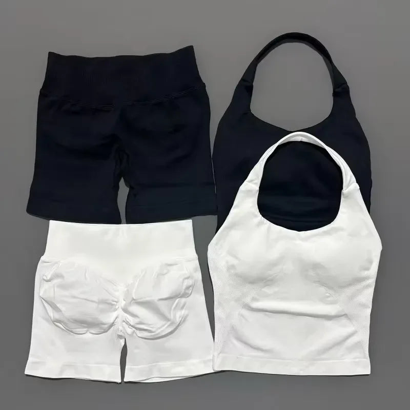 2 Piece Yoga Set Women Backless Halter Top High Waist Seamless Shorts Gym Suit Fitness Sportswear Workout Sets