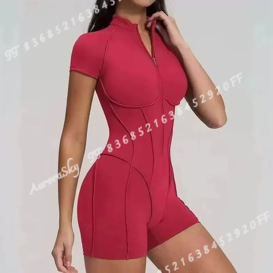 2026 Women Yoga Bodysuit Short Sleeve Zipper Jumpsuit Gym Tracksuit Sports Workout Romper Fitness One Piece Activewear Suit