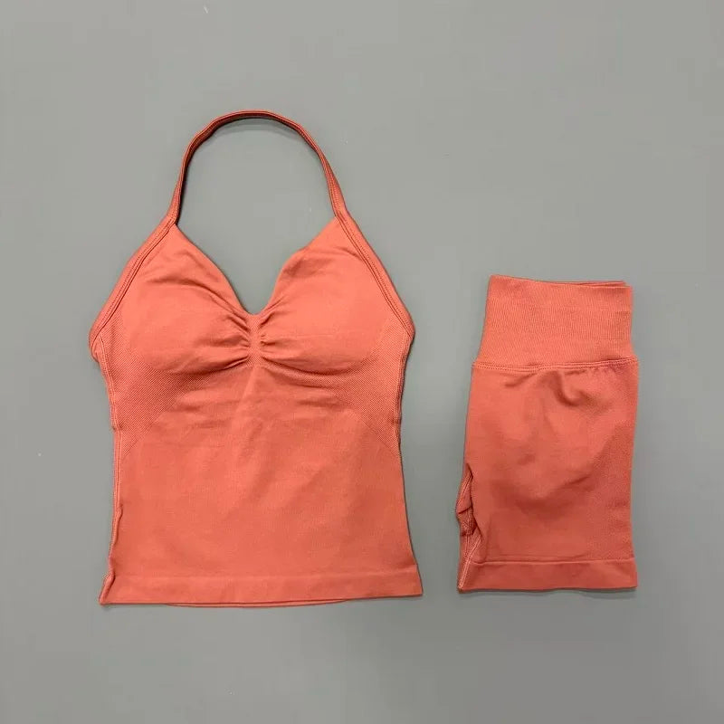 2 Piece Women Sports Set Backless Halter Tank Top High Waist Seamless Stretch Shorts Gym Fitness Workout Outfit