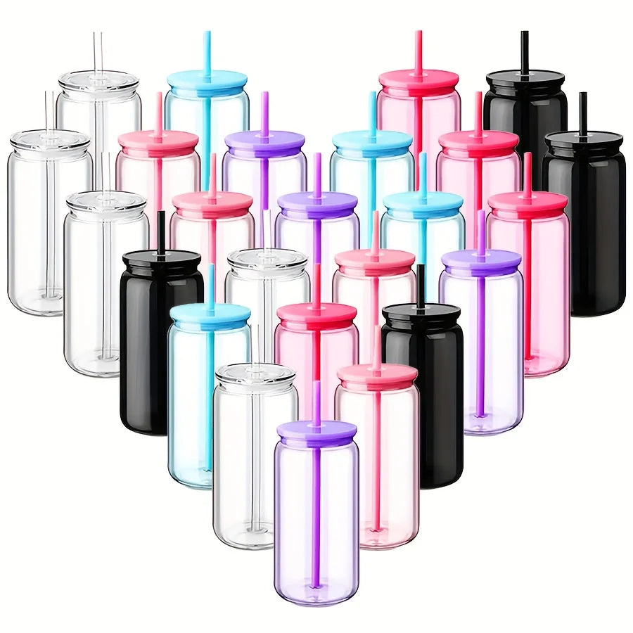 25 Pack Mason Jar Style 16oz Reusable Tumbler with Leak-Proof Lids & Straws - Colorful Water Bottles for Iced Coffee, Smoothies, Juice & Beverages - Perfect for Gym, Running, Cycling,Hiking, Beach, Pool Parties, BBQ, Picnics,