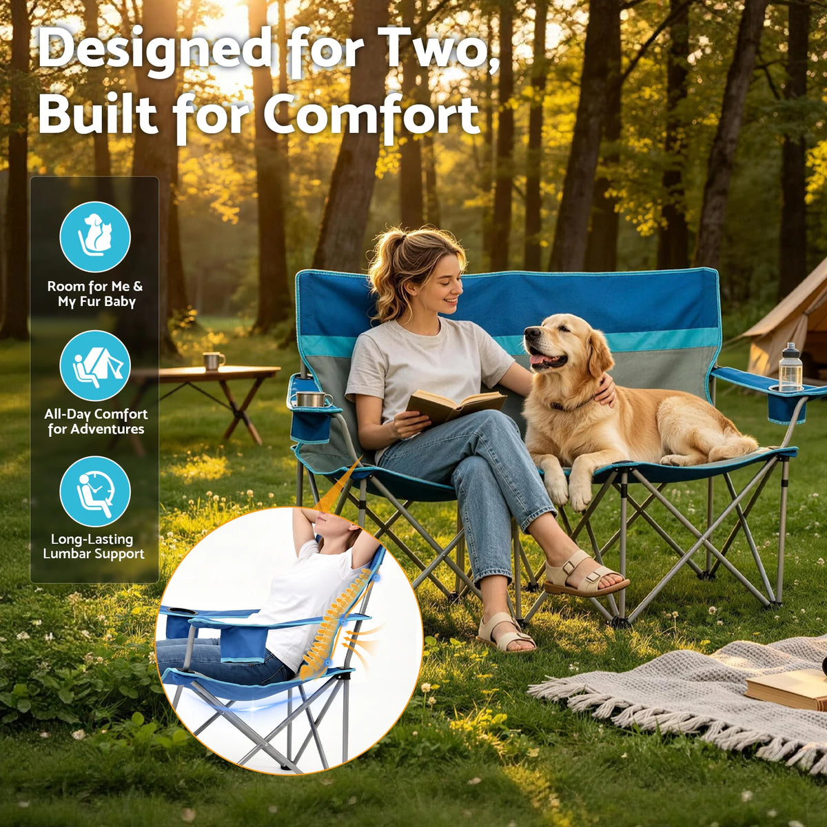 Double Folding Camping Chair Portable Outdoor Oxford Fabric 600D 2-Person Lounge Chair for Camping Fishing Beach Supports 660 lbs with Cup Holders Backrest Storage Pouch