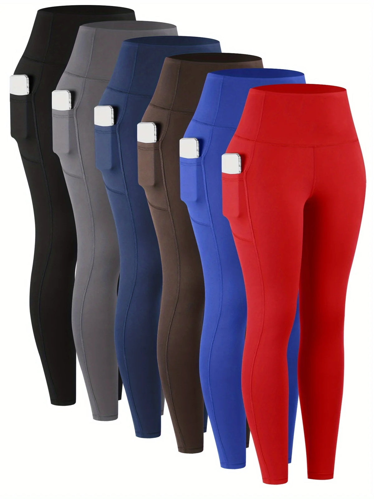 6Pcs Women High‑Waist Leggings With Pockets Soft Stretchy Workout Yoga Pants Tummy‑Control Athletic Running Gym Tights Casual Activewear For Ladies Daily Fitness