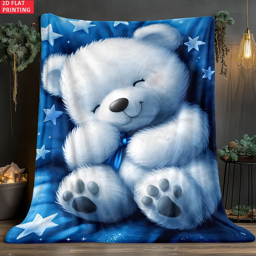 One Teddy Bear Design on a Blue Backdrop Blanket - a Lightweight Flannel Throw Suitable for The Sofa, Outdoor Use, Camping, Living Room, Office, Chair, And Bed - Features Digital Printing for a Soft And Cozy Feel, Perfect for