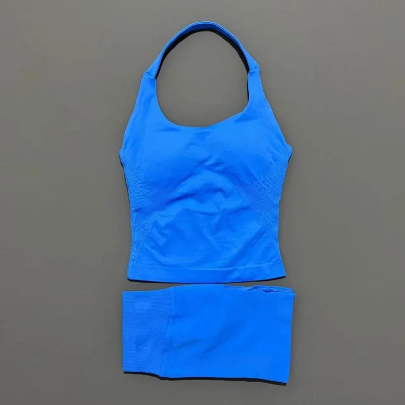 2 Piece Yoga Set Women Backless Halter Top High Waist Seamless Shorts Gym Suit Fitness Sportswear Workout Sets