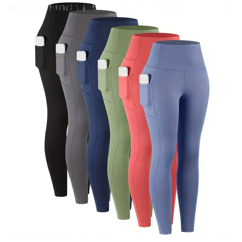 6Pcs Women High‑Waist Leggings With Pockets Soft Stretchy Workout Yoga Pants Tummy‑Control Athletic Running Gym Tights Casual Activewear For Ladies Daily Fitness