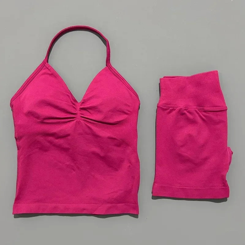 2 Piece Women Sports Set Backless Halter Tank Top High Waist Seamless Stretch Shorts Gym Fitness Workout Outfit