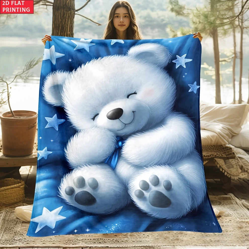 One Teddy Bear Design on a Blue Backdrop Blanket - a Lightweight Flannel Throw Suitable for The Sofa, Outdoor Use, Camping, Living Room, Office, Chair, And Bed - Features Digital Printing for a Soft And Cozy Feel, Perfect for